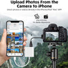 A hand connects a camera to an adapter, which is plugged into an iPhone for photo transfer.
