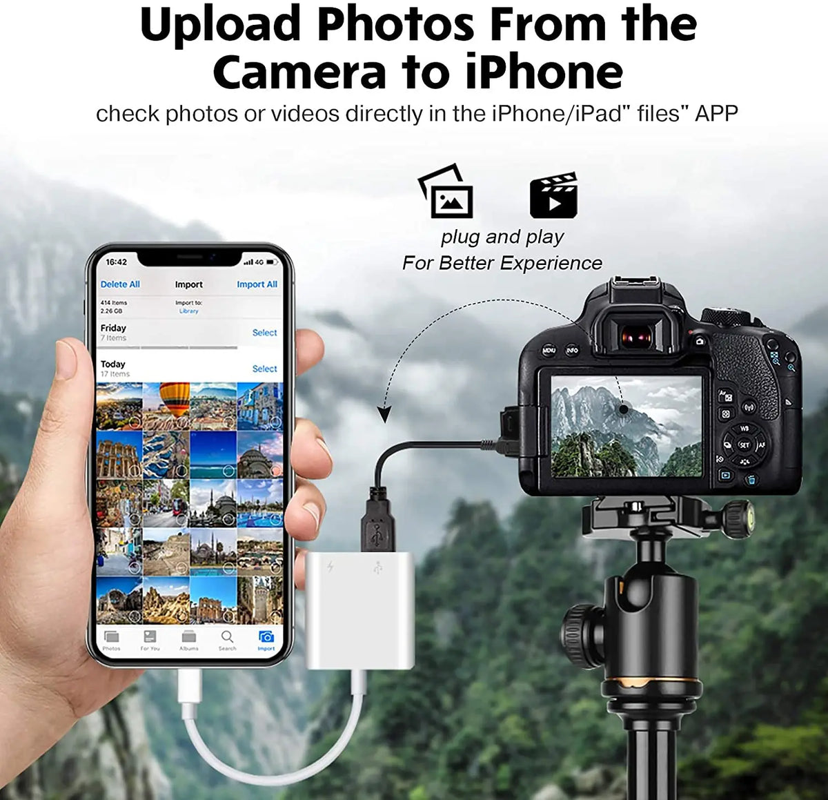 A hand connects a camera to an adapter, which is plugged into an iPhone for photo transfer.