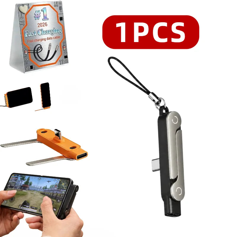 A foldable USB-C to USB-C charging adapter and phone stand with a black cable and orange accessory.