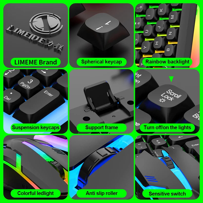 A collection of gaming peripherals including a LIMEME brand keyboard, suspension keycaps, support frame, colorful led light m