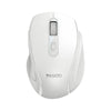 A white ergonomic wireless mouse with a textured scroll wheel is shown from above.