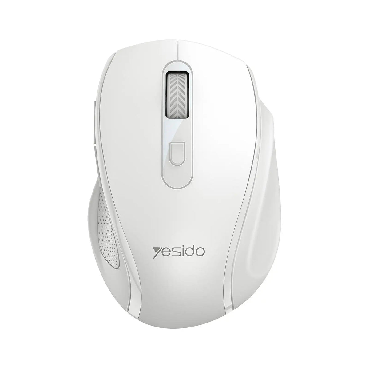 A white ergonomic wireless mouse with a textured scroll wheel is shown from above.