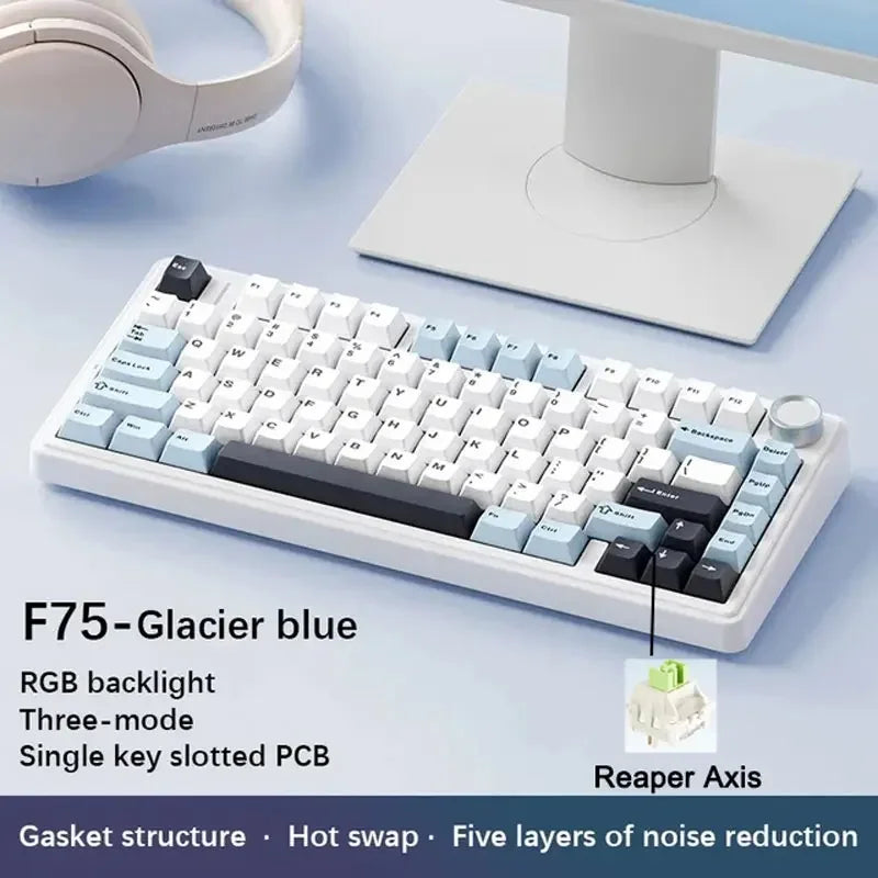 F75 Glacier blue mechanical keyboard with RGB backlight and Reaper Axis switches