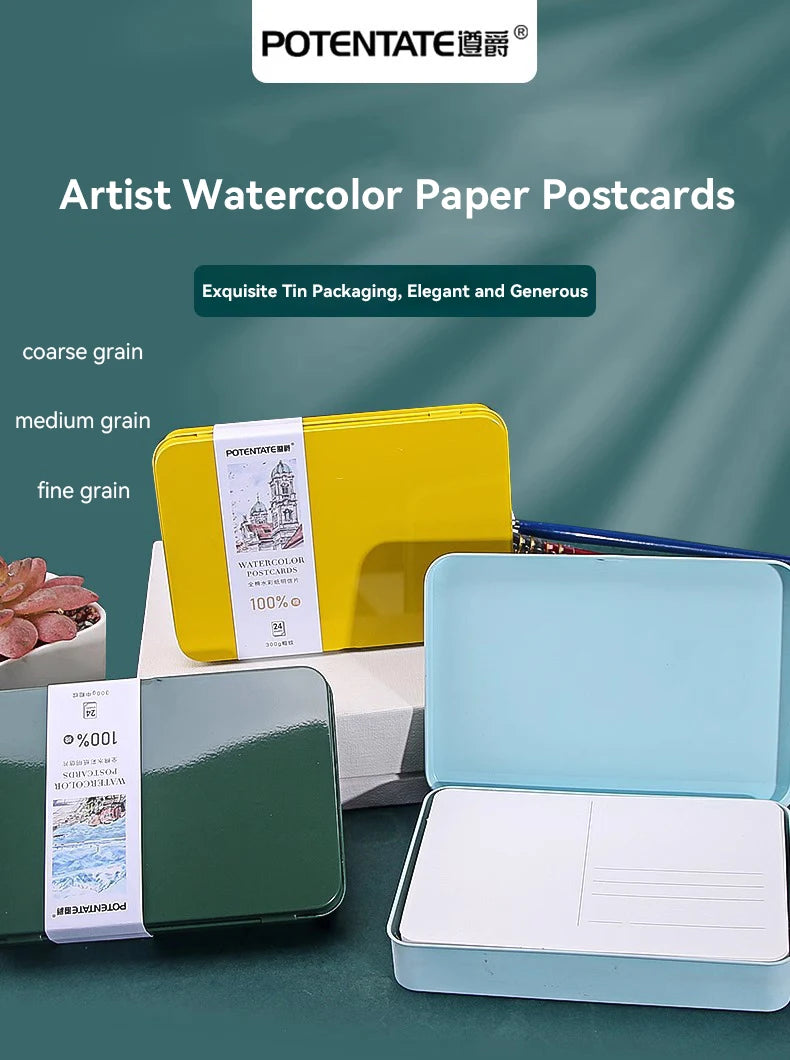 A set of artist watercolor paper postcards in tin packaging showing various grain textures.