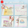 A set of craft glue sticks and a glue pad are shown with various usage scenarios like hand accounts, wrong title, doing homew