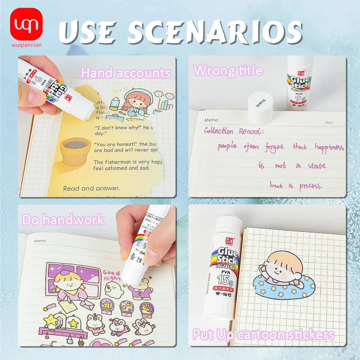 A set of craft glue sticks and a glue pad are shown with various usage scenarios like hand accounts, wrong title, doing homew