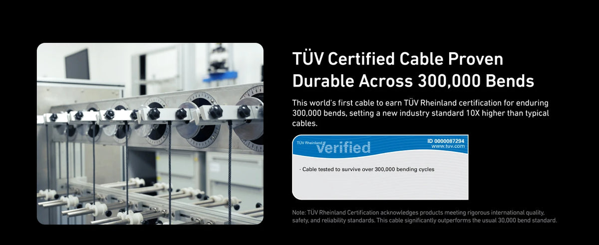 TÜV-zertiertes Kabel, das über 300.000 Biegungen belastet wird, um seine Strapazierfähigkeit zu beweisen.