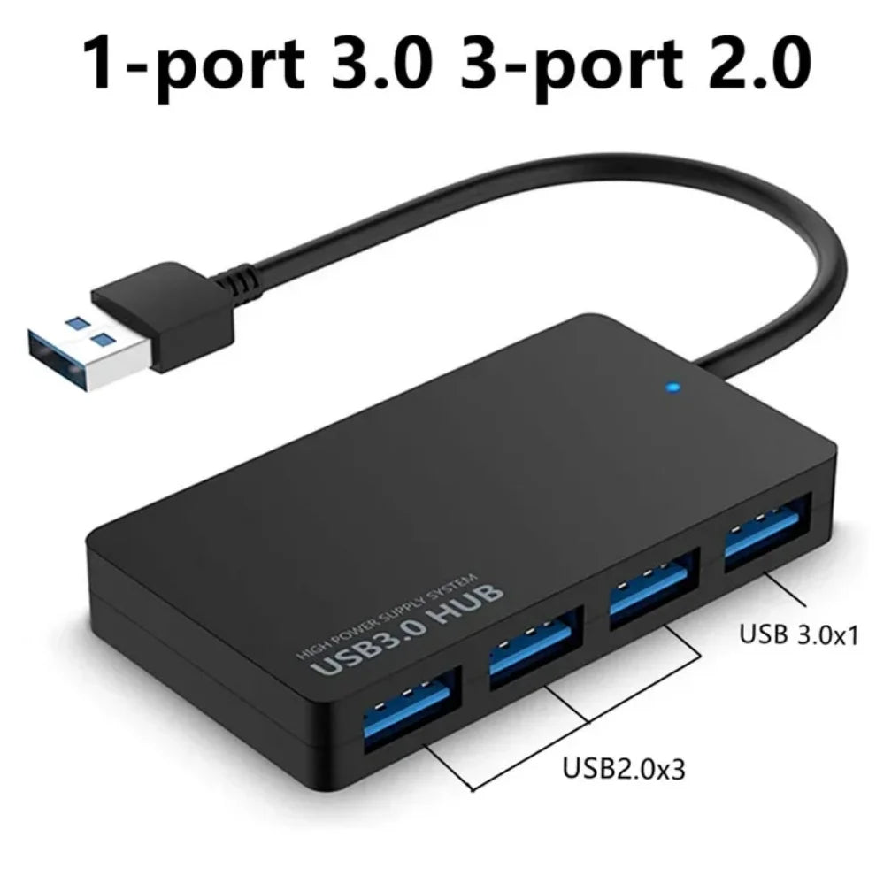 A black 3-port USB 3.0 hub with a single port cable and three USB 3.0 ports.