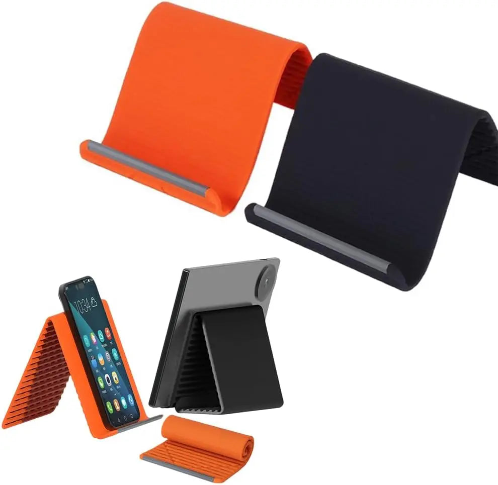 A set of orange and black flexible silicone phone stands shown in various angles.