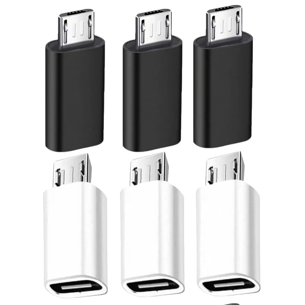 A set of four USB-C to Micro USB adapters in black and white for charging and data sync.