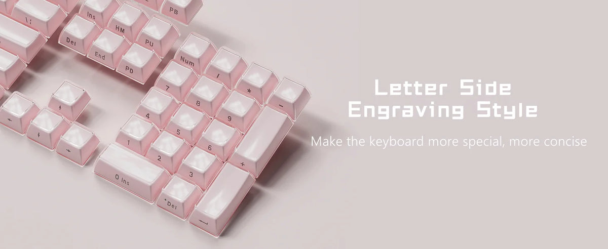 A close-up view of pink translucent ice crystal mechanical keycaps arranged in a keyboard layout.