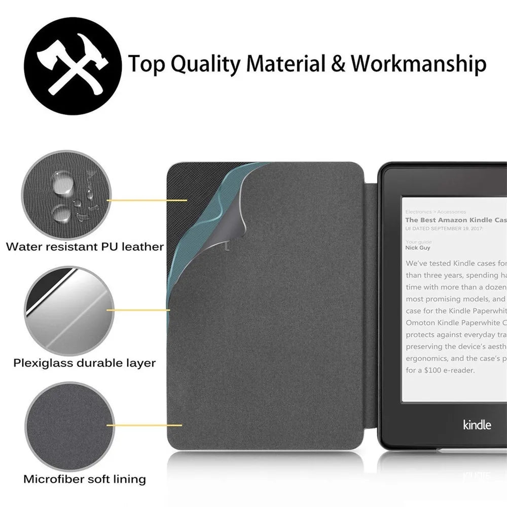 A black magnetic protective case for a Kindle e-reader showing its material features.