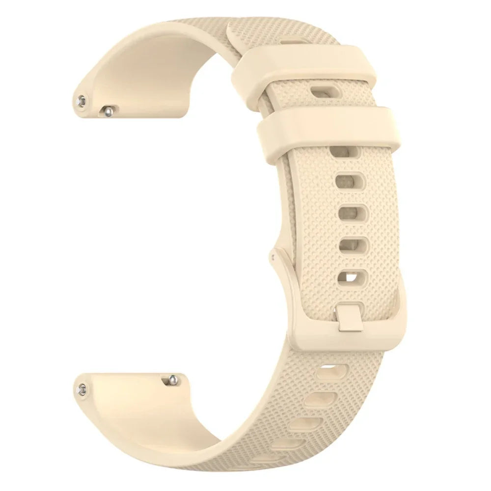 A beige silicone watch band for a smartwatch, shown from the side.