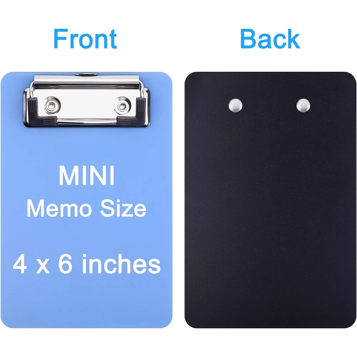 Front and back views of a mini memo size clipboard with a secure clip for notes and receipts