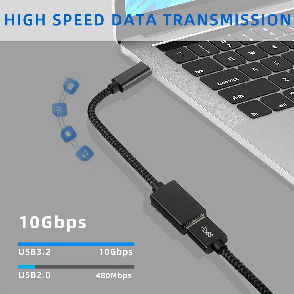 A black USB adapter cable connecting a laptop to a USB device, illustrating 10Gbps data transmission.