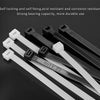 A collection of black and white heavy-duty nylon cable ties with self-locking designs shown diagonally.