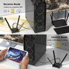 A Tri-Band Wi-Fi 6E adapter is shown in Receive and Launch modes, demonstrating connection to a computer and creation of a Wi
