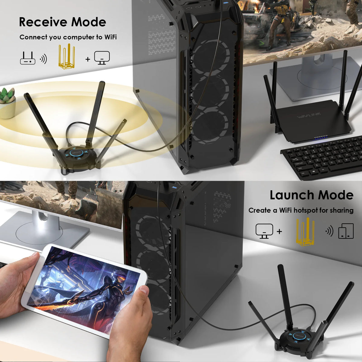 A Tri-Band Wi-Fi 6E adapter is shown in Receive and Launch modes, demonstrating connection to a computer and creation of a Wi
