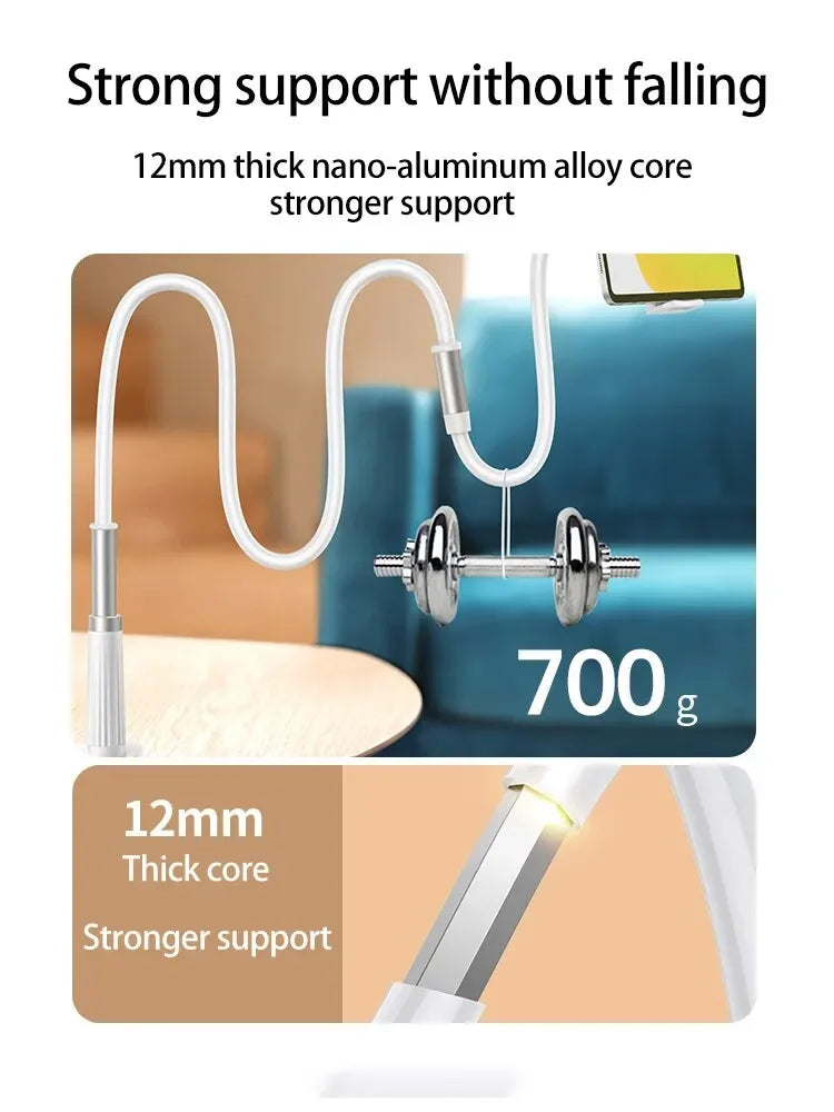 A silver flexible gooseneck phone clamp mount with a 12mm thick nano-aluminum alloy core used for strong support.