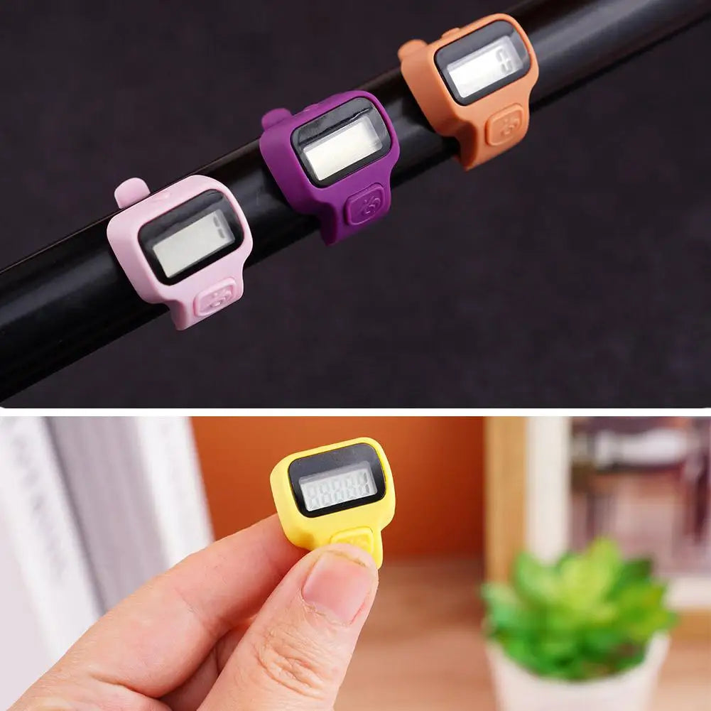 A hand holds a colorful thumb tally counter with a yellow display, demonstrating its use.