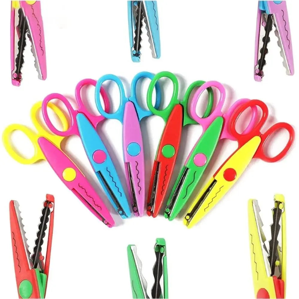 A collection of decorative zig zag edge scissors in various colors including pink, blue, green, and yellow.