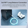 A durable nylon braided charging cable connects a console to a game controller, illustrating long-distance connection capabil