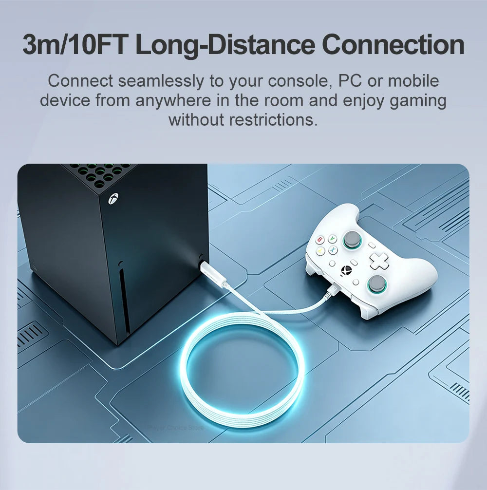 A durable nylon braided charging cable connects a console to a game controller, illustrating long-distance connection capabil