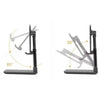 A foldable desktop phone stand shown in various angles demonstrating its adjustable mounting capabilities.