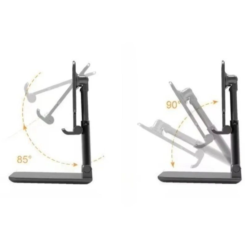 A foldable desktop phone stand shown in various angles demonstrating its adjustable mounting capabilities.