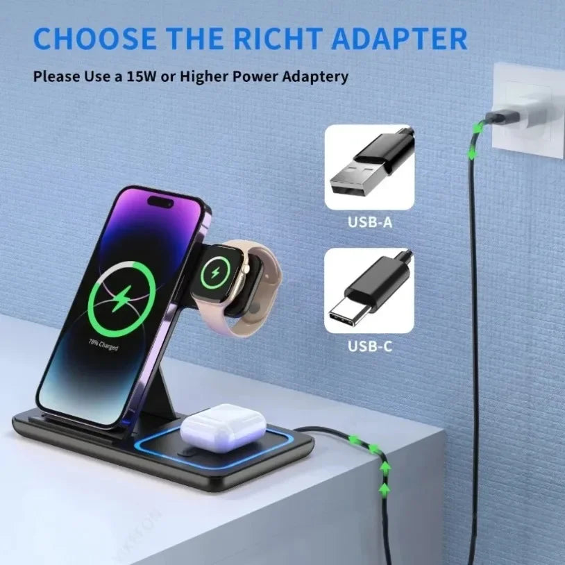 قاعدة شحن لاسلكي للهاتف، تعرض خيارات محولات USB-A و USB-C.