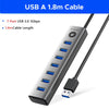 A black USB A 1.8m cable with seven ports is shown, featuring a hub with an aluminum alloy shell.