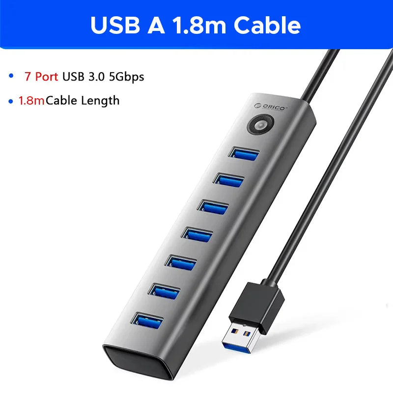 A black USB A 1.8m cable with seven ports is shown, featuring a hub with an aluminum alloy shell.