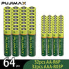 64 pieces of PUJIMAX AA-R6P and AAA-R03P dry cell batteries in green and yellow packaging.
