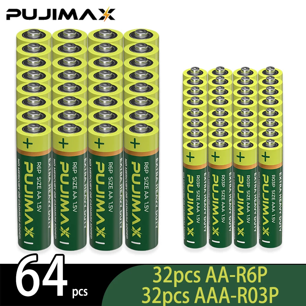 64 pieces of PUJIMAX AA-R6P and AAA-R03P dry cell batteries in green and yellow packaging.
