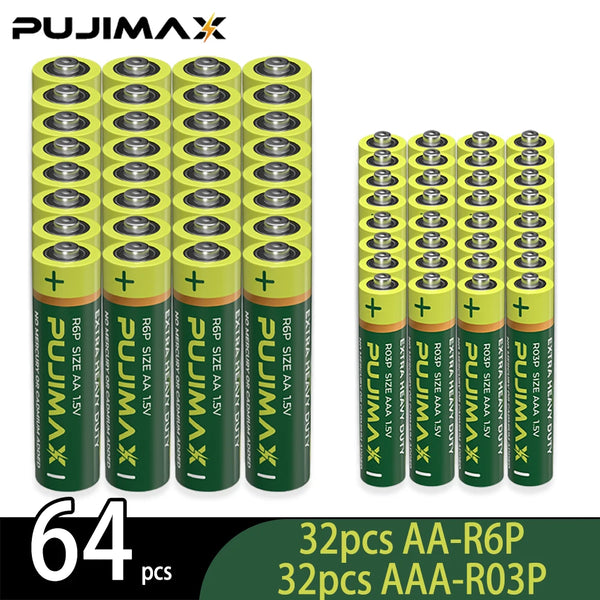 64 baterías de celda seca PUJIMAX AA-R6P y AAA-R03P en empaque verde y amarillo.