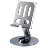 Support de bureau en métal argenté pour téléphone et tablette avec base rotative et trois supports verticaux.