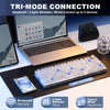A transparent wireless mechanical keyboard is shown with various connection options including Bluetooth, 2.4GHz Wireless, and