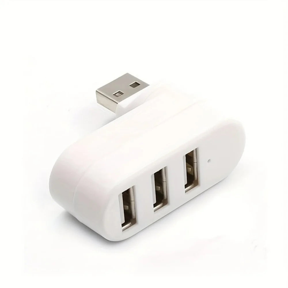 White 3-in-1 USB hub with four ports and a rotating connector.