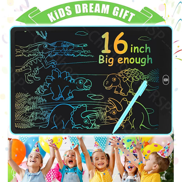 A digital drawing tablet screen showing a dinosaur outline and a blue pen, with children drawing on it.