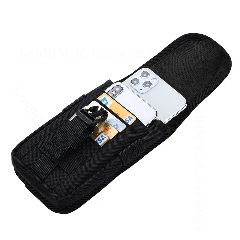 Black multilayer card slot phone pouch holding multiple smartphones and cards