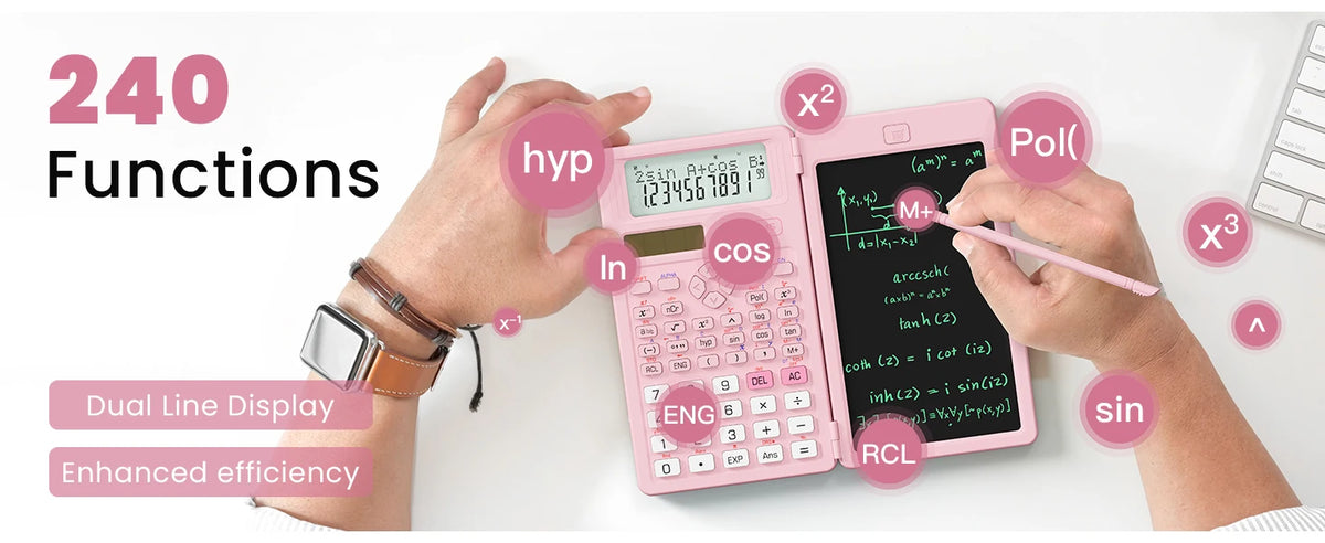 Hands are operating a pink scientific calculator with a built-in notepad, demonstrating its 240 functions.