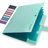 A teal expanding A4 file folder with five pockets is shown open and angled.