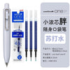 A set of Uni-Ball One P mini cute gel pens in blue and white packaging, showing the pen body and tips.