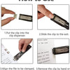 Instructions showing how to use a handheld binder clip pusher with stainless steel refill clips.