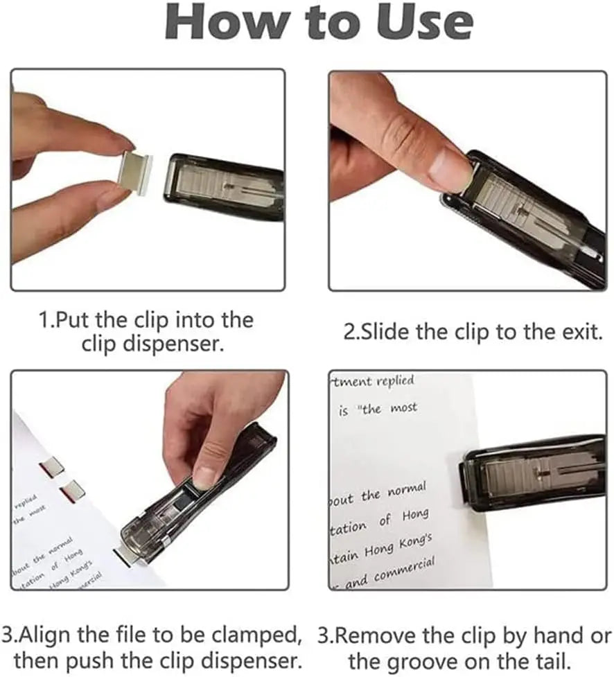 Instructions showing how to use a handheld binder clip pusher with stainless steel refill clips.