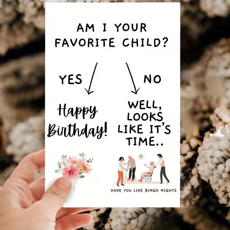 A humorous parent birthday card asking if the recipient is their favorite child with yes or no options and a birthday wish.