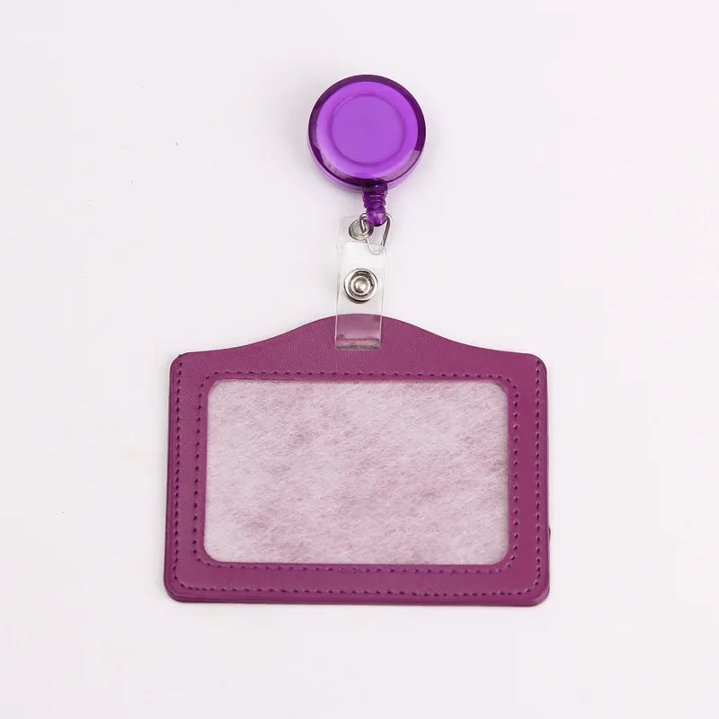 Purple PU leather retractable ID card holder with a purple reel and clear plastic badge case