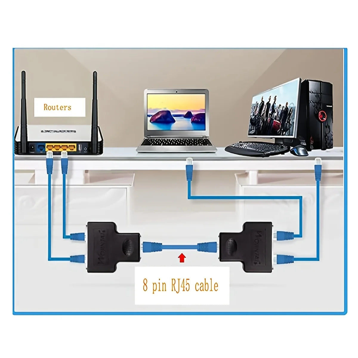 Ein 8-poliger RJ45-Kabel wird zwischen zwei Netzwerkadapter in einem Desktop-Setup verbunden.