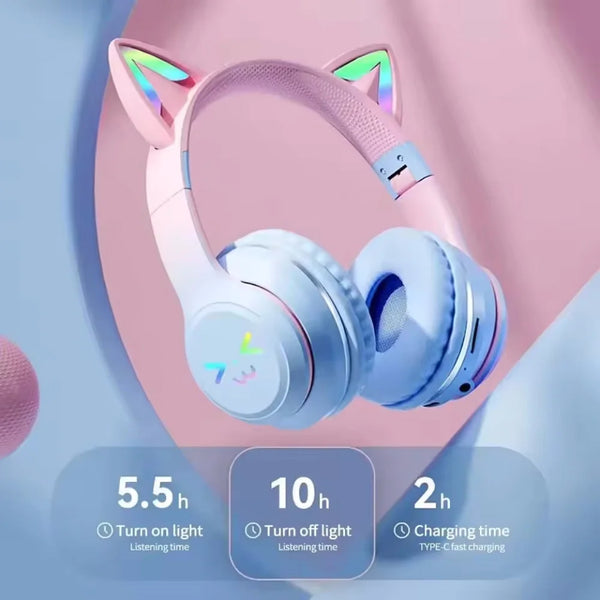 Pink gradient cat ear Bluetooth headphones shown in a studio setting with usage details.