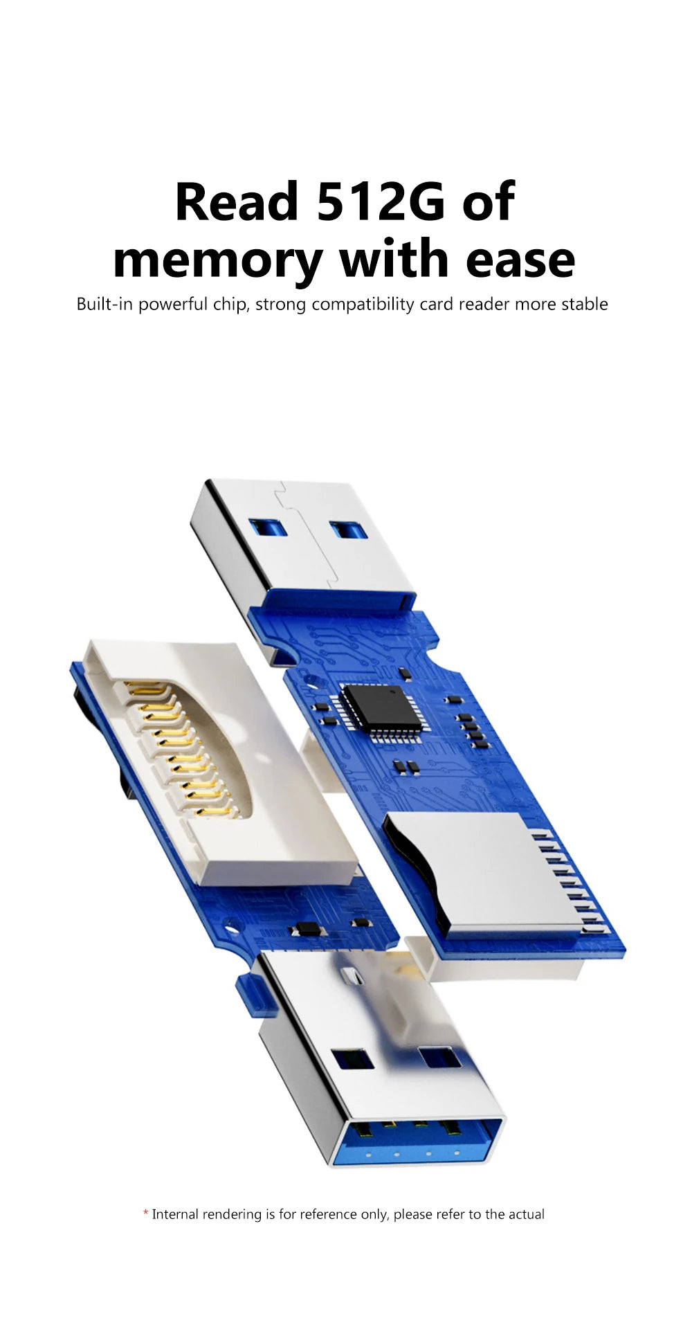 A blue USB 3.0 card reader featuring a built-in chip for reading 512GB memory cards.